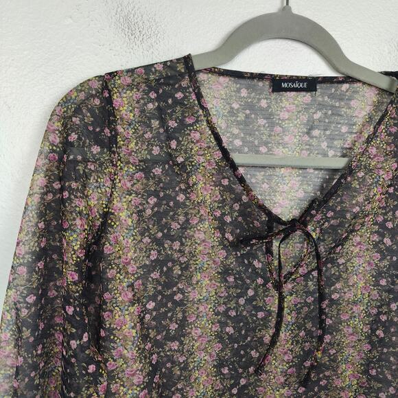 Mosaique Sheer Top Womens Large Black Floral Keyhole Japanese Designer Preppy - Picture 2 of 9